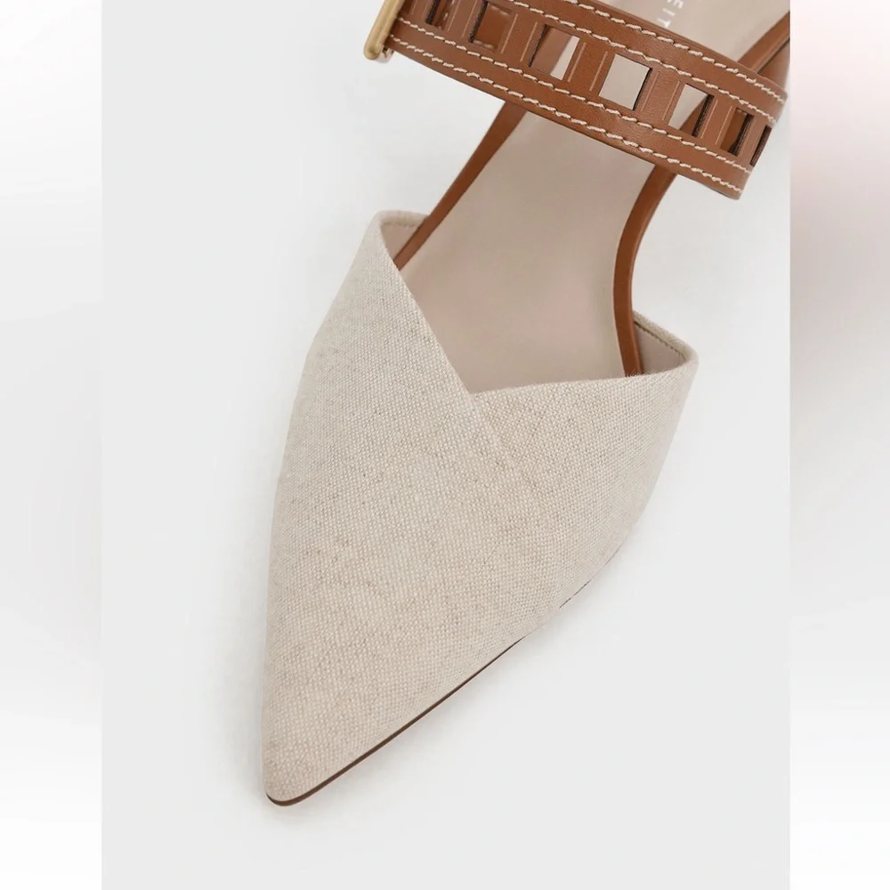 Charles & Keith Beige Pointed-Toe Slingback Heels with Brown Strap - Picture 2 of 10